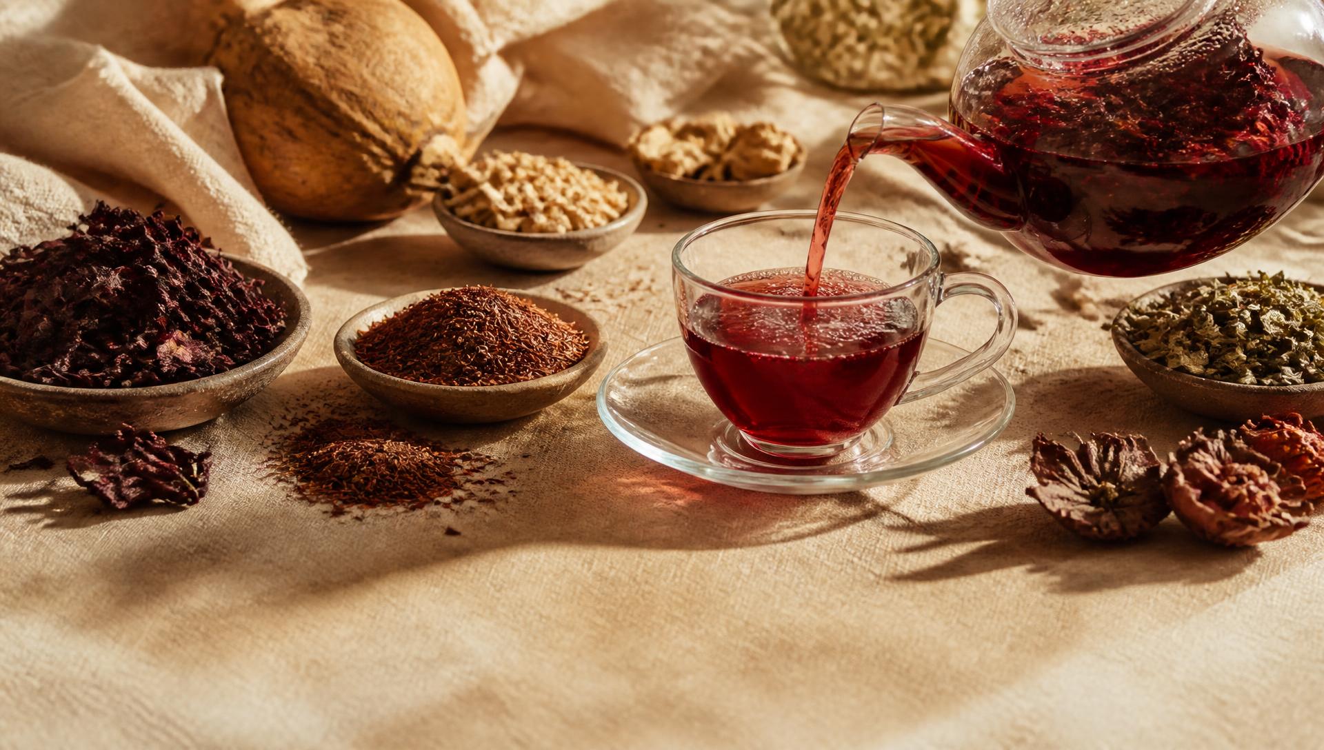Fleurs d'hibiscus et tasse d'infusion rubis Sonara